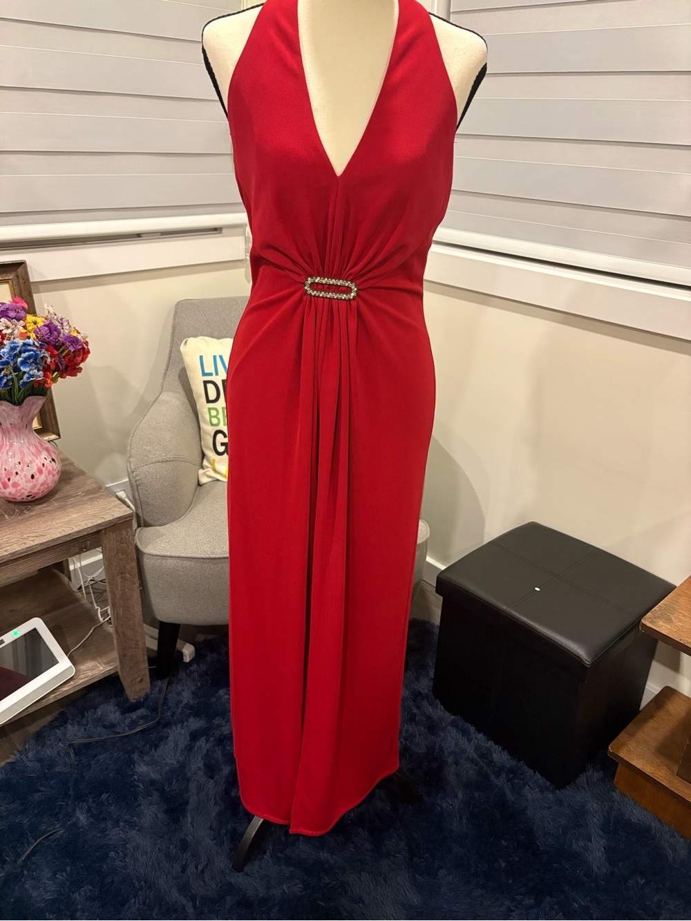 Vintage 90s Era Algo Boutique Red Rhinestone Halter Maxi Gown - Size 8